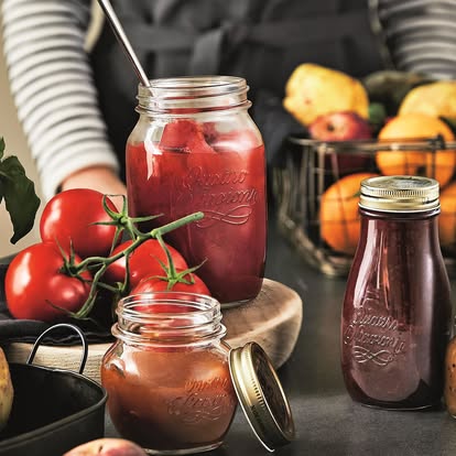 3 különböző Quattro Stagioni befőttes üveg, ami paradicsomszósszal, gyümölcslével van töltve.